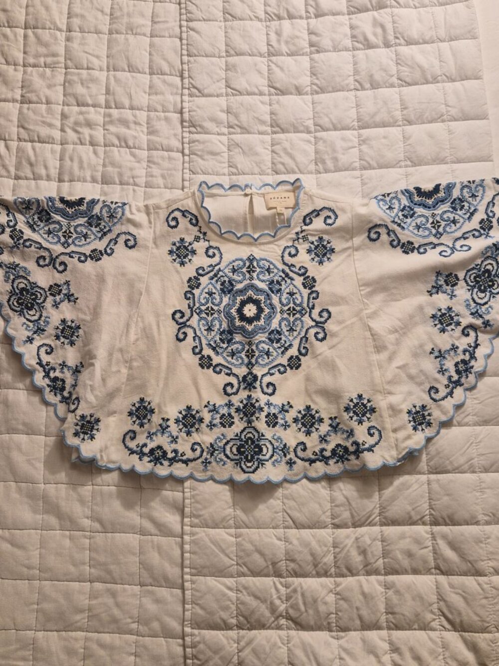 Sezane Anneclaire Blouse Ecru with Contrasting Blue Embroidery US2 EU34 - Picture 5 of 9